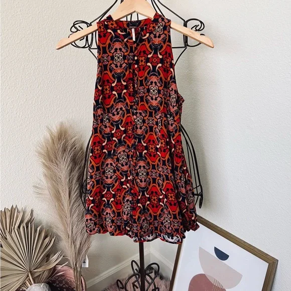 Free People Get Together Navy Orange Bohemian Print Rayon Sleeveless Mini Dress - Picture 3 of 6